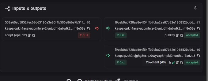 A cryptocurrency transaction interface displaying inputs and outputs with transaction hashes, showing a 1:12 ratio between input #0 and output #1 amounts.