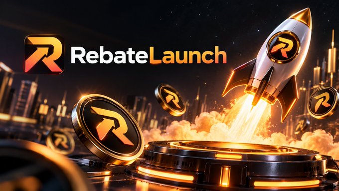 The image displays a promotional graphic for "RebateLaunch," featuring their orange "R" logo alongside an illustrated rocket launching from a glowing platform, surrounded by branded coins with a cityscape backdrop. The rocket and launch imagery visually reinforces the post's theme of reimagining token launches as ongoing journeys rather than single events, symbolizing how RebateLaunch aims to sustain momentum beyond the initial launch moment.