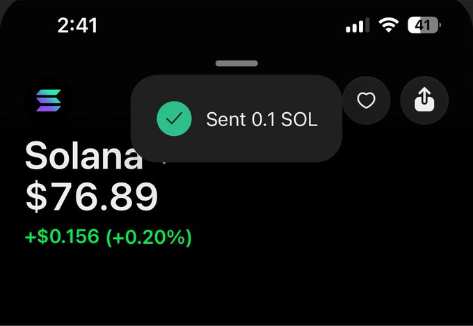 A mobile screenshot shows a successful transaction notification confirming "Sent 0.1 SOL" with a green checkmark, overlaid on a Solana price tracker displaying "$76.89" and a daily gain of "+$0.156 (+0.20%)", visually corroborating the post about gifting 0.1 SOL to followers.