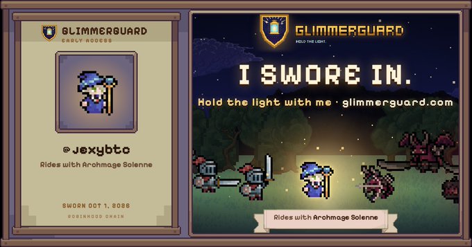 A pixel-art promotional graphic for 'GLIMMERGUARD' with the tagline 'I SWORE IN. Hold the light with me · glimmerguard.com', showing a knight character labeled '@jexybto' who 'Rides with Archmage Solenne', sworn on October 1, 2026.