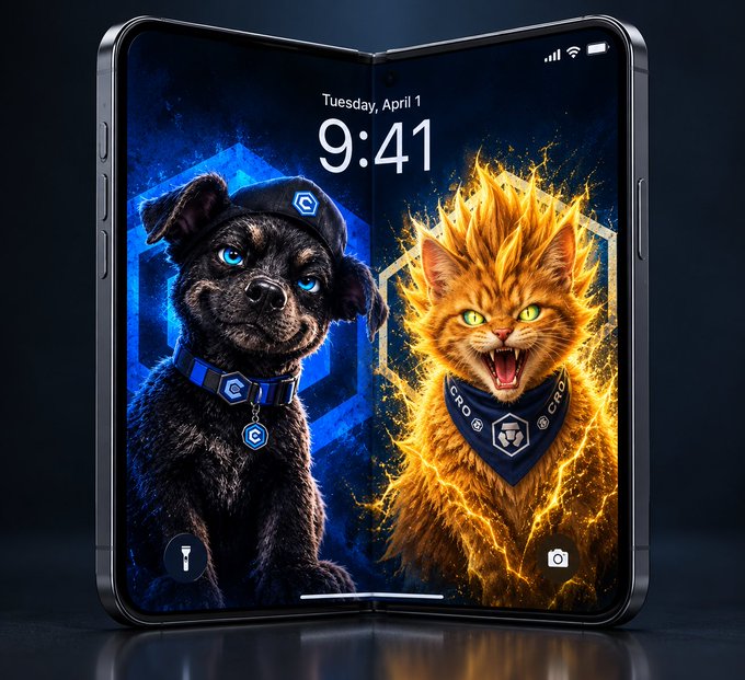 A foldable smartphone displays a lock screen featuring a black puppy with blue eyes and an orange kitten with fiery fur, both wearing bandanas, with the time showing 'Tuesday, April 1 9:41'.