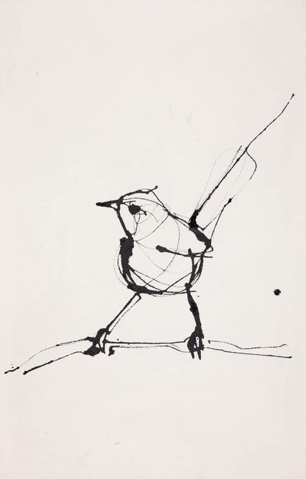 A simple ink sketch of a small bird perched on a thin branch.