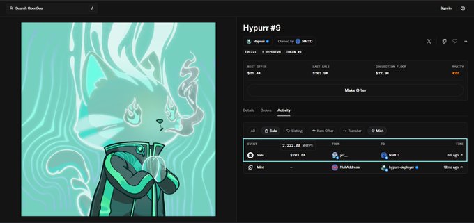 A digital marketplace page for an NFT named 'Hypurr #9' showing details like a best offer of '$31.46' and recent sale activity.