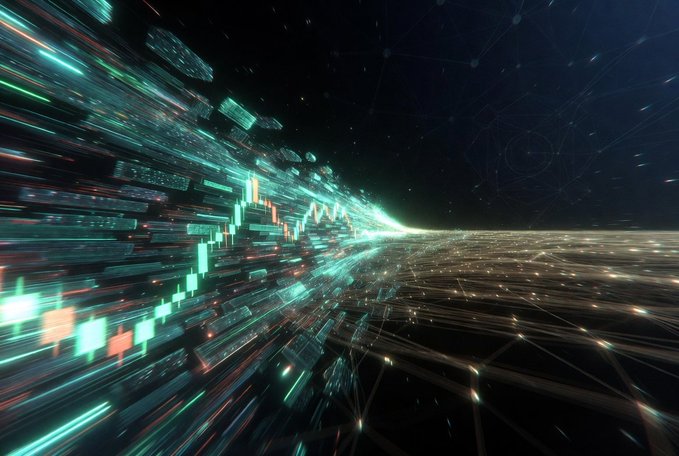 An abstract digital art piece showing glowing teal candlestick charts streaming through a futuristic network of light points against a dark background.