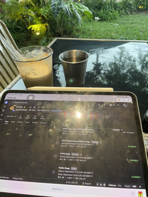 A tablet displays a crypto trading dashboard on opensea.io showing various token distributions including "$8528 Memecore," "GTD Collaborations & Rarities Stage," "FCFS Stage," and "Public Stage," alongside an iced coffee drink on an outdoor table.