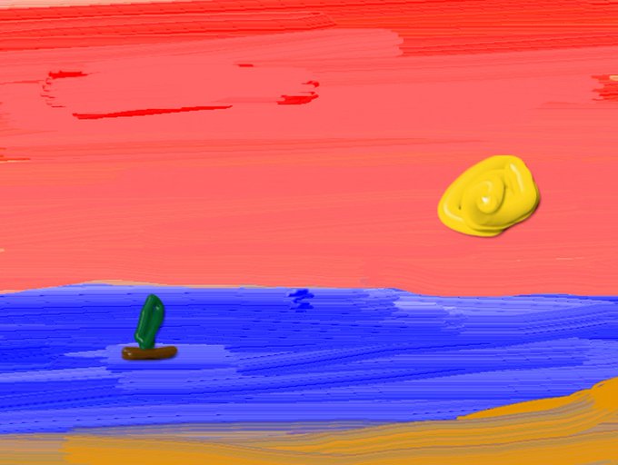 A simple digital painting of a beach scene with a pink sky, yellow sun, blue water, and a small green cactus on a brown patch.
