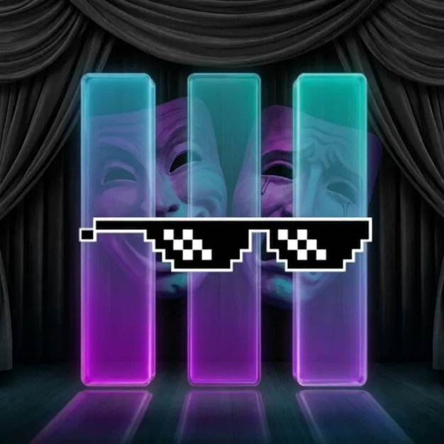 Three glowing blue and purple columns stand in front of theatrical curtains with theater masks in the background, overlaid with pixelated sunglasses that say 'deal with it'.
