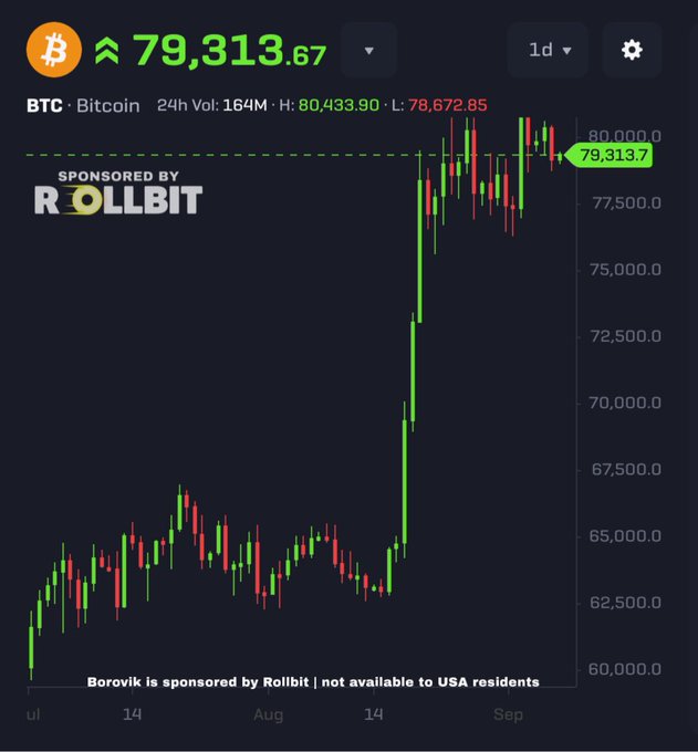A candlestick chart showing Bitcoin (BTC) priced at $79,313.67 with a 24-hour high of $80,433.90 and low of $78,672.85, sponsored by Rollbit.