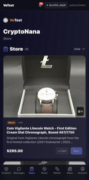 VeTest app screenshot displaying a CryptoNana store listing for a 'Coin Vigilante Litecoin Watch - First Edition Cream Dial Chronograph, Boxed 46/71/750' for $295.00.