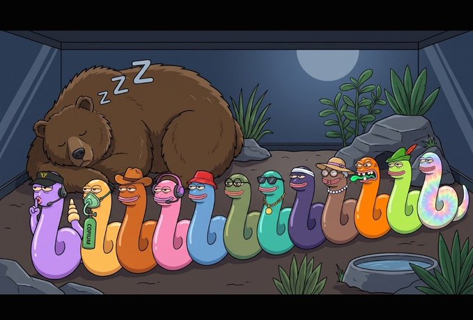 A lineup of 12 colorful, snake-like Slippy characters stands together at night, each with distinct traits like hats, glasses, and accessories, while a sleeping bear rests in the background — visually representing the "12 personalities, different traits, different stories" mentioned in the post about Slippy Club's expanding universe.