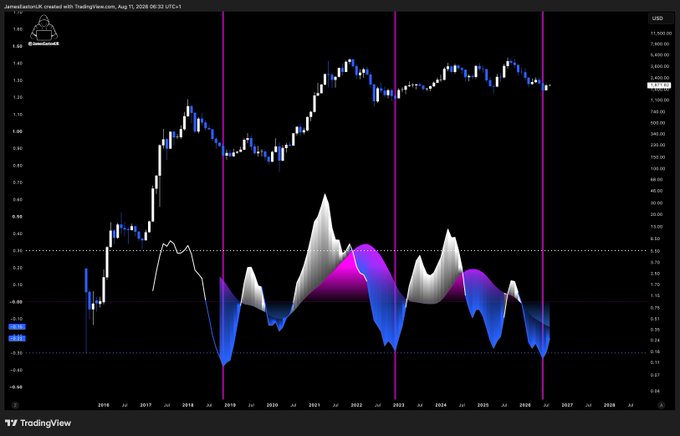 A TradingView chart displays the price of ETH/USD (Ethereum) on a monthly timeframe from approximately 2016 to 2027, featuring a custom technical indicator with blue, white, and magenta gradient waves, accompanied by the caption noting it as a "raging buy indicator" suggesting an imminent price surge.