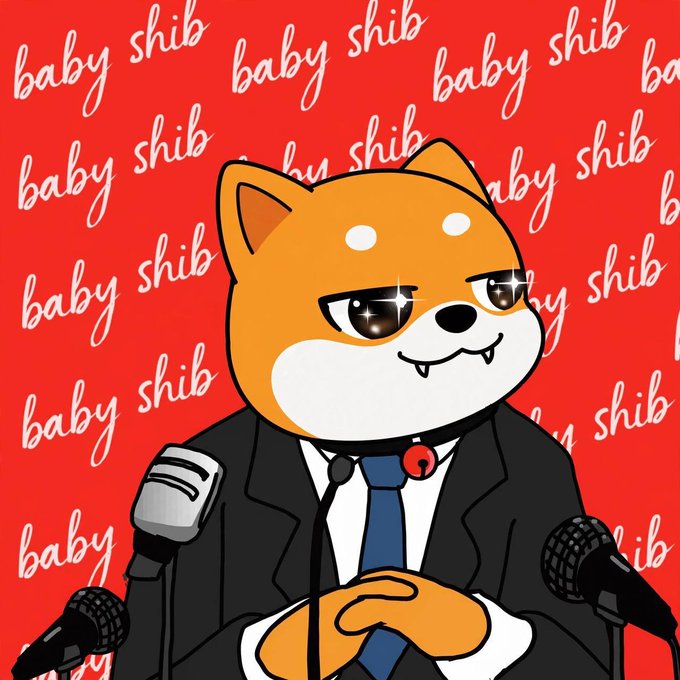 A cartoon Shiba Inu dog wearing a suit and tie stands at a podium with microphones, set against a red background patterned with the repeated white text "baby shib." The mascot's formal attire and the press conference setup suggest a presidential or leadership theme, visually reinforcing the post's call to the "Shib Army" to take action.