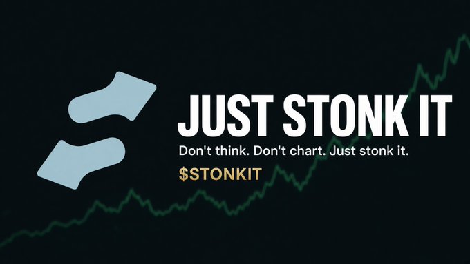 A dark-themed promotional graphic features the phrase "JUST STONK IT" in large bold white letters, accompanied by the tagline "Don't think. Don't chart. Just stonk it." and the ticker "$TONKIT," with a stylized stonks chart trending upward in the background, reinforcing the playful "GM Just $STONK it" meme message encouraging impulsive investment enthusiasm.