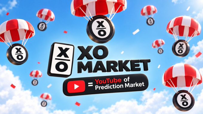A vibrant promotional image features red and white striped parachutes descending through a blue sky, each carrying black circular tokens stamped with the "XO" logo, surrounding a bold central graphic that reads "XO MARKET = YouTube of Prediction Market." The aerial drop theme visually reinforces the post's idea of prediction markets being "dropped" or delivered to a wider audience, positioning XO Market as a content-style platform where markets can be discovered and followed like YouTube videos rather than just outcomes to bet on.
