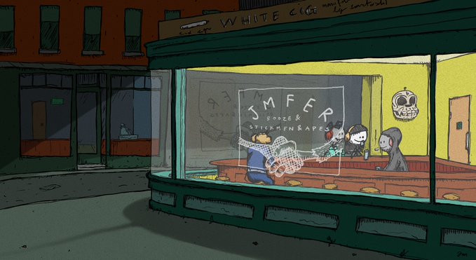 An illustrated nighttime scene of a diner window with graffiti reading 'WHITE CITY' above and 'UMFER BORDERS STICKMEN & RAPES' visible inside.