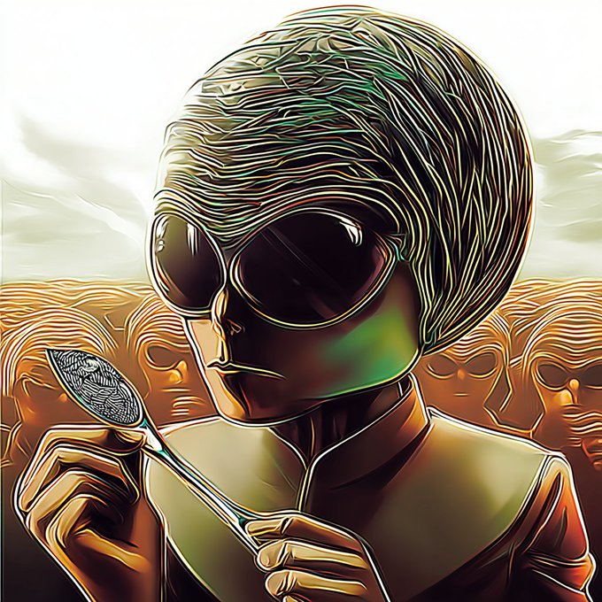 Stylized digital artwork of a masked figure with large dark goggles holding a spoon with a leaf-shaped object, set against a desert background with alien-like figures.