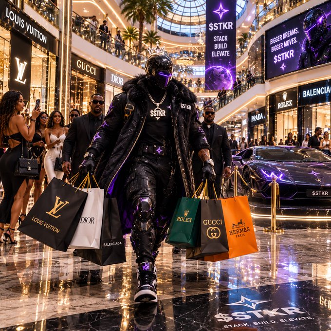 A stylized promotional image features a person in a futuristic helmet and fur-lined coat walking through a luxury mall, carrying shopping bags from Louis Vuitton, Dior, Gucci, Rolex, and Hermès, with '$STKR' and 'STACK. BUILD. ELEVATE.' branding visible.