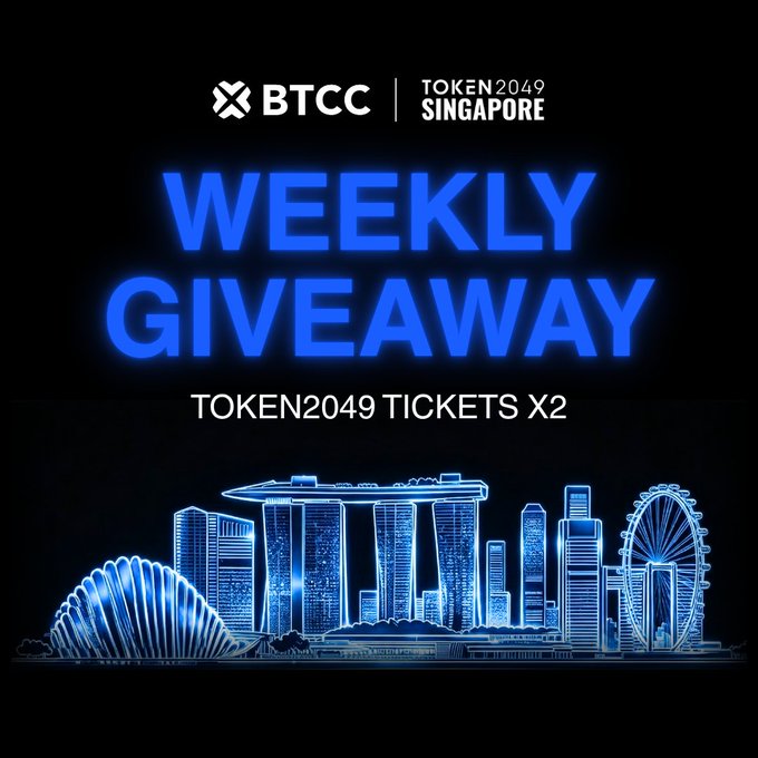 The graphic is a promotional "Weekly Giveaway" announcement by BTCC for TOKEN2049 Singapore, featuring a neon-blue wireframe illustration of Singapore's skyline (including Marina Bay Sands and the Singapore Flyer) and offering 2 TOKEN2049 tickets as part of a $4,499 prize pool giveaway tied to the #BTCCTOKEN2049 campaign.