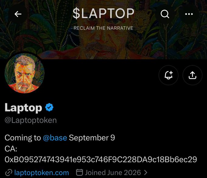 A Twitter/X profile for "$LAPTOP" (@Laptoptoken) with the tagline "RECLAIM THE NARRATIVE," displaying its contract address (CA: 0xB095274743941e953c746F9C228DA9c18Bb6ec29) and announcing a September 9 launch on @base. The post criticizes the practice of posting contract addresses early, which allows snipers to develop scripts to front-run and maximize extraction at launch.