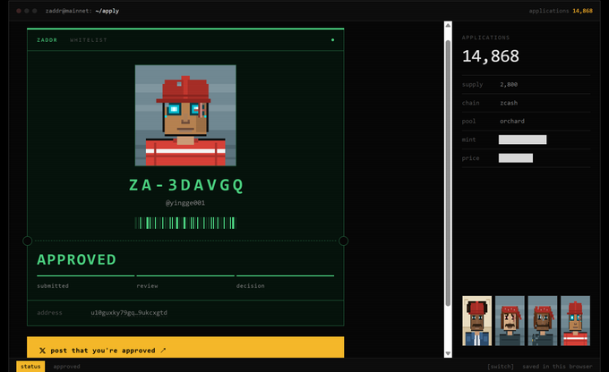 A terminal interface showing an approved application for ZA-3DAVGQ by linga001, with details including supply of 2,800, orchard pool on Zcash chain, and a message to post approval on X.