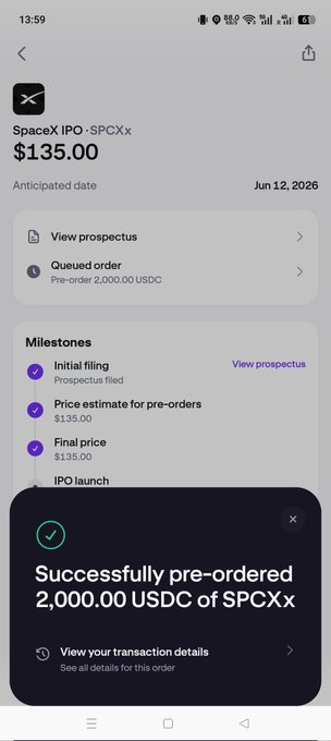 The image shows a cell phone displaying a list of payments made for an IPO called SpaceX. It is shown that the payment was successful, as evidenced by the 'SUCCESSFULLY PRE-ORDERED' check mark on the screen. The date in question is June 12th, and the total amount paid was $3,500.