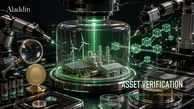 A futuristic digital graphic titled "Aladdin" showing a miniature industrial plant and wind turbines under a glowing green dome, with text reading "ASSET VERIFICATION" and "LEGAL CHECK — PHYSICAL CHECK".