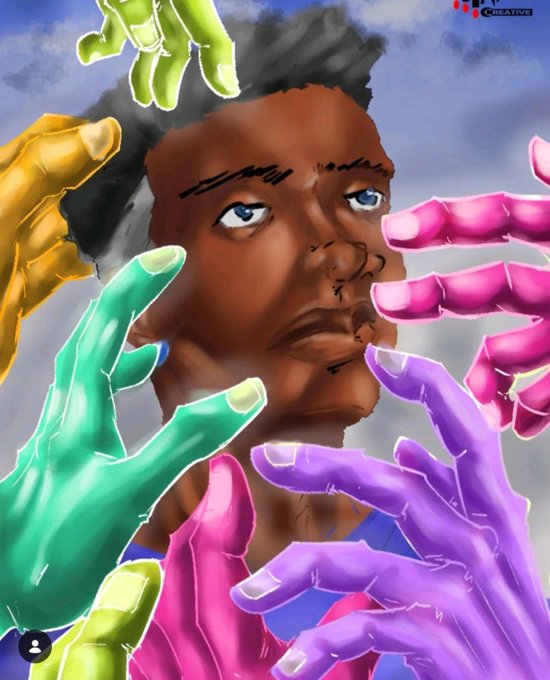 A digital painting of a man's face surrounded by colorful, stylized hands in shades of green, pink, and purple reaching toward him against a sky background, with a 'Creator' logo.