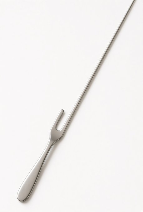 A sleek, elongated silver utensil with a two-pronged tip rests against a white background. While some might mistake its elongated handle and pronged end for a fork, its refined design more closely resembles an elegant serving or carving tool rather than a typical dining fork.