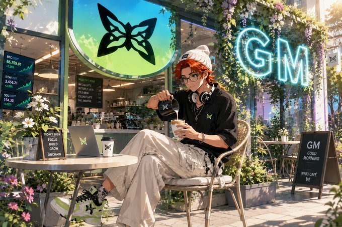An AI-generated anime-style illustration depicts a red-haired person wearing a beanie and glasses, sitting at a cafe table with a laptop, surrounded by plants and glowing neon signs including a butterfly logo and 'GM'.