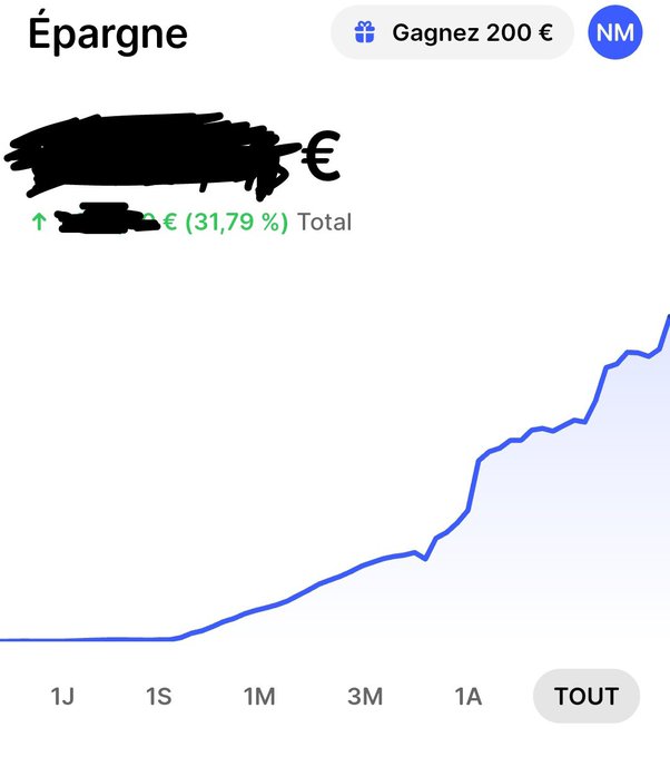 A French savings chart titled 'Épargne' showing a 31.79% increase, with personal account details redacted in black.