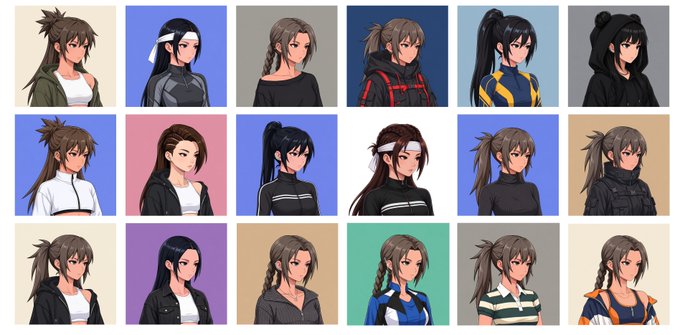 A grid of eighteen anime-style character portraits showing a female character in various outfits and hairstyles with different background colors.