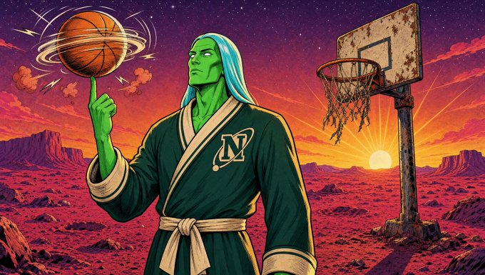 A stylized illustration of a green-skinned, long-haired figure in a green robe with 'NV' on the chest, spinning a basketball on one finger beside a worn basketball hoop on a desert landscape at sunset.