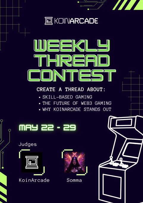 The image features a poster for a contest, possibly a weekly thread contest, that has been posted by Korn Arcade. The background of the poster consists of lines and squares in green, red, yellow, and black colors. A keyboard is visible on the right side of the poster, and an xbox appears to be displayed below it with the word "Korn" written above it.