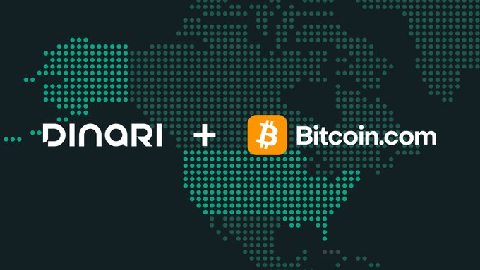 The image features a dark green world map graphic with the Dinari and Bitcoin.com logos side-by-side, separated by a plus sign, visually representing their partnership for tokenized equities. The accompanying text confirms that Dinari is powering Bitcoin.com's U.S. launch of tokenized stocks.