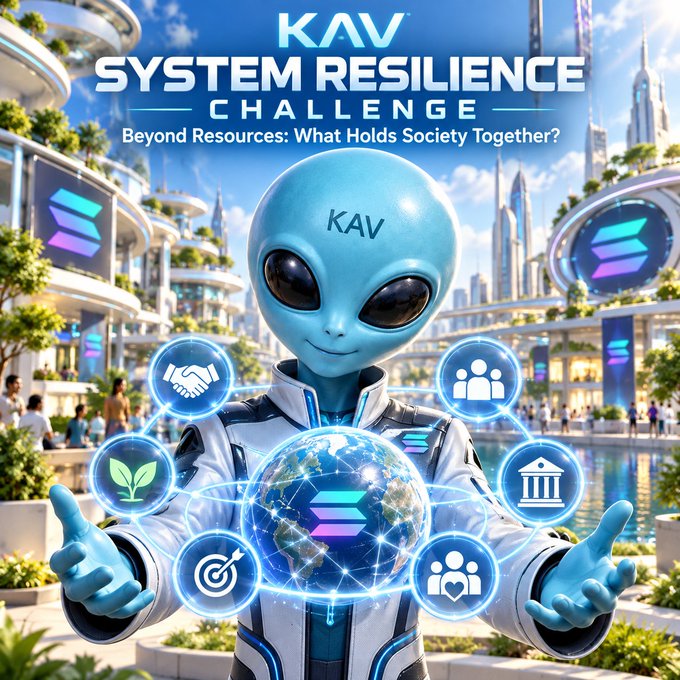 A promotional graphic for 'KAV SYSTEM RESILIENCE CHALLENGE' subtitled 'Beyond Resources: What Holds Society Together?' featuring a blue alien character holding a globe surrounded by icons representing community, growth, government, and sustainability.