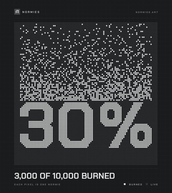 Pixel art infographic from NORMIES (normies.art) showing '30%' with text reading '3,000 OF 10,000 BURNED' where each pixel represents one Normie NFT.