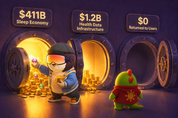 A 3D cartoon scene shows a penguin-like character and a small dinosaur standing before three vault doors labeled '$411B Sleep Economy', '$1.2B Health Data Infrastructure', and '$0 Returned to Users'.