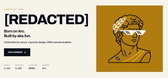 A website banner for '[REDACTED]' with the tagline 'Born on Arc. Built by aka.fun,' featuring an illustration of a classical Greek bust wearing pixelated sunglasses and a laurel wreath on a gold background.