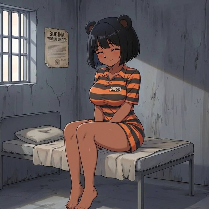 An anime-style illustration of a girl with bear ears and short black hair, wearing an orange and black striped prisoner uniform with the number '2560', sitting and smiling on a metal bed in a cell with a 'BOBINA WORLD ORDER' poster on the wall.
