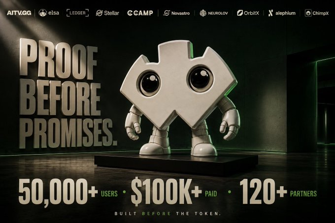 A promotional graphic features a robot character with the text 'PROOF BEFORE PROMISES.', showing '50,000+ USERS', '$100K+ PAID', and '120+ PARTNERS' at the bottom, with logos including 'ATVGG', 'elsa', 'LEDGER', 'Stellar', 'CCAMP', 'Novastro', 'NEUROLOV', 'OrbitX', 'alephium', and 'ChimpX' at the top.
