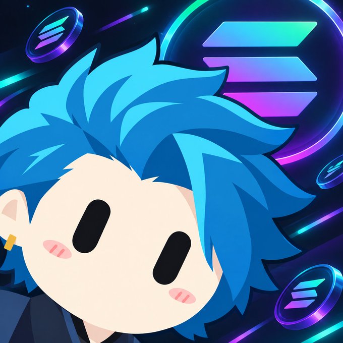 A stylized cartoon illustration of a character with spiky blue hair, simple black oval eyes, blushing cheeks, and a gold earring, set against a dark background with floating Solana (SOL) cryptocurrency coins and a large logo.