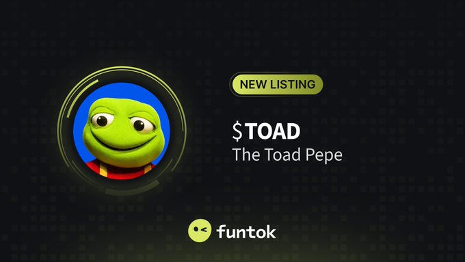 A new listing announcement on 'funtok' featuring '$TOAD' token, subtitled 'The Toad Pepe', with a cartoon frog character illustration.