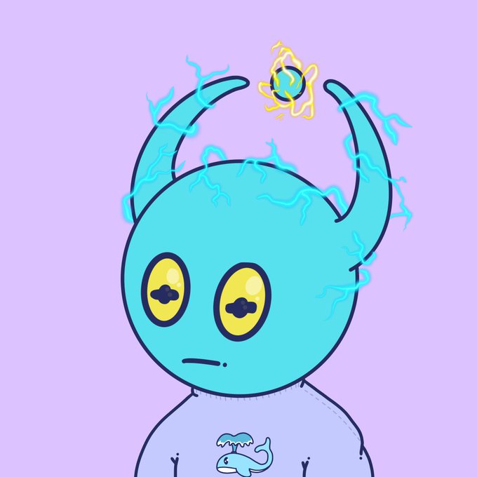 A blue horned creature with yellow eyes and electric blue energy crackling around it, wearing a shirt featuring a whale design, is depicted on a purple background. This illustration represents the Quirklings NFT (token #5059) that was sold for 0.050 ETH as mentioned in the post.