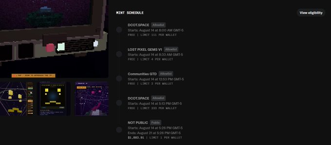 A dark webpage showing a "MINT SCHEDULE" with upcoming NFT drops including "DOOTSPACE", "LOST PIXEL GEMS V1", "Communities GTD", "DOOTSPACE", and "NOT PUBLIC" with various dates and prices.