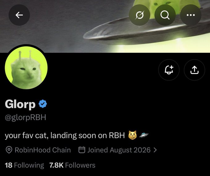 A Twitter/X profile for a verified account named 'Glorp' (@glorpRBH) with the bio 'your fav cat, landing soon on RBH,' associated with RobinHood Chain and 7.8K followers.