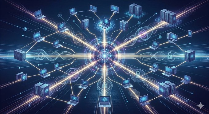 The image features a large, complex network of computer servers and other technology components spread across a dark blue background. The servers are connected by numerous lines, creating an intricate web-like pattern that spans across the entire image. This digital representation showcases the interconnected nature of modern technology and its impact on various aspects of our lives.