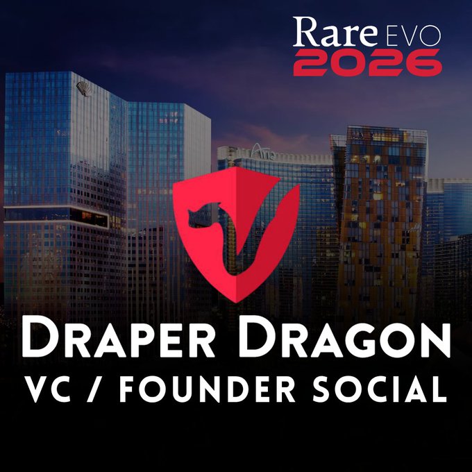A promotional graphic for 'Rare EVO 2026' featuring a cityscape at dusk with a large red shield containing a black dragon logo, and the text 'DRAPER DRAGON VC / FOUNDER SOCIAL' at the bottom.