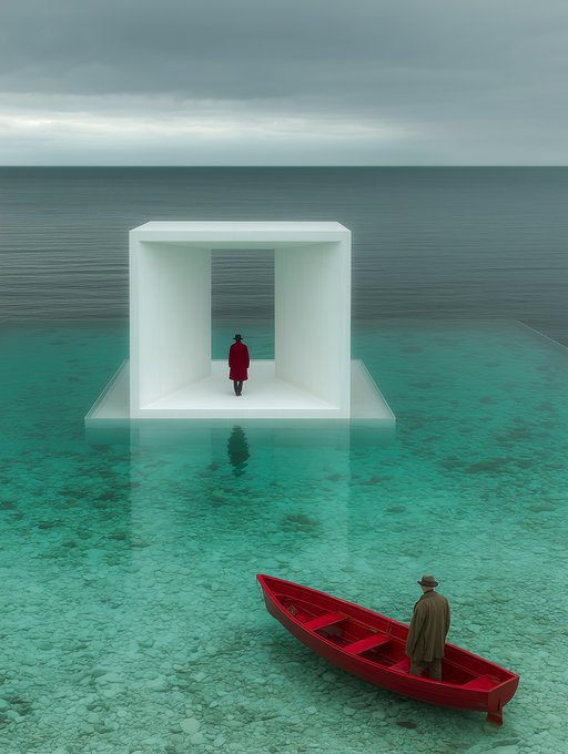 A surreal image shows a person in a red coat standing inside a white cube in turquoise water, while another person stands by a red rowboat nearby.