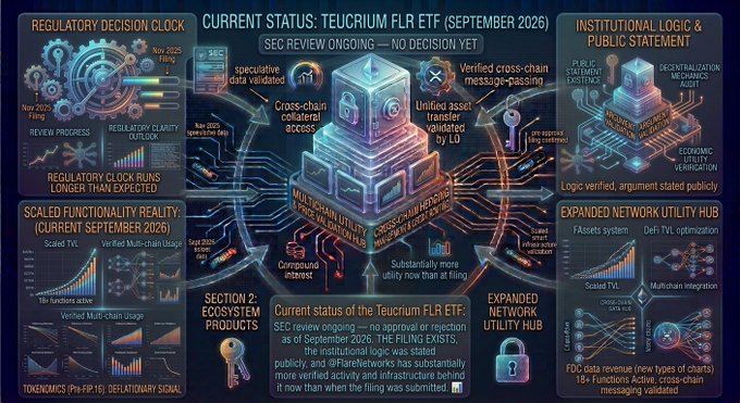 A complex, futuristic infographic detailing the 'CURRENT STATUS: TEUCURIUM FLR ETF (SEPTEMBER 2026)' with sections on regulatory decisions, scaled functionality, institutional logic, and an expanded network utility hub.