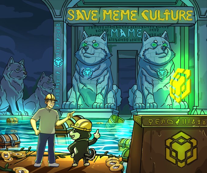 A cartoon illustration shows two characters—a miner in a hard hat and a dog wearing a miner's helmet—standing before an ancient Egyptian-style temple with "SAVE MEME CULTURE" written above the entrance, flanked by two large dog statues glowing with BNB Chain (yellow) symbols. Scattered coins and treasure chests surround them, depicting the search for BNB Chain treasures at a ruin site, which directly aligns with the post's narrative of Mame and CZ (Binance) discovering crypto treasures in the "Save MEME Culture" challenge.